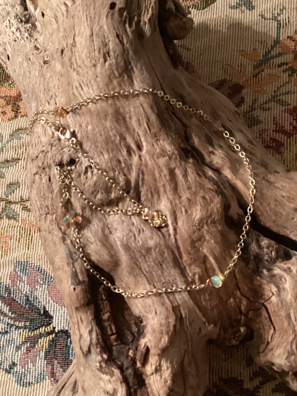 Handcrafted Opal Station Gold Chain Necklace 16”